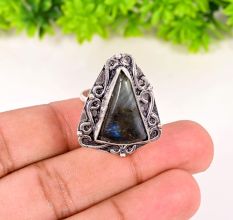 Handmade Oxidized Brass Ring with Natural Labradorite Gemstone for Women
